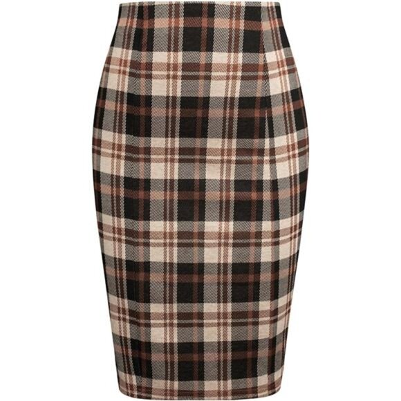 Womens Knee Length Elastic Waist Stretchy Skirt Plaid4 - Picture 1 of 4